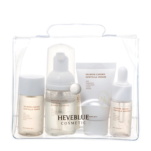 HEVEBLUE - Salmon Caring Centella Special Travel Kit Bag - Sada mini produktov - Čistiaca pena 30ml + Tonikum 25ml + Sérum 13ml + Krém 20ml