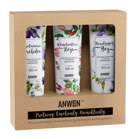 Anwen - Orchidea, ruža a orgován - Sada 3 kondicionérov pre vysokopórovité vlasy - Hydratačný orgován 100ml + Proteínová orchidea 100ml + Zmäkčujúca ruža 100ml