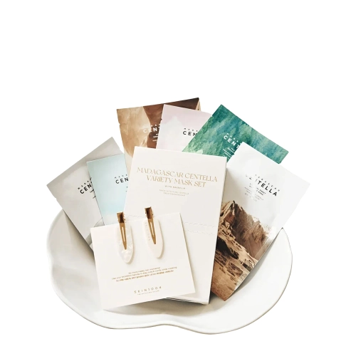 SKIN1004 - Madagascar Centella Variety Mask Set - Sada 6 plátenných masiek so sponkami do vlasov - Čistiaca maska 23ml + Rozjasňujúca maska 25ml + Vyživujúca maska 22ml + Hydratačná maska 23ml + Relaxačná maska 24ml + Hydrogélová maska 25ml