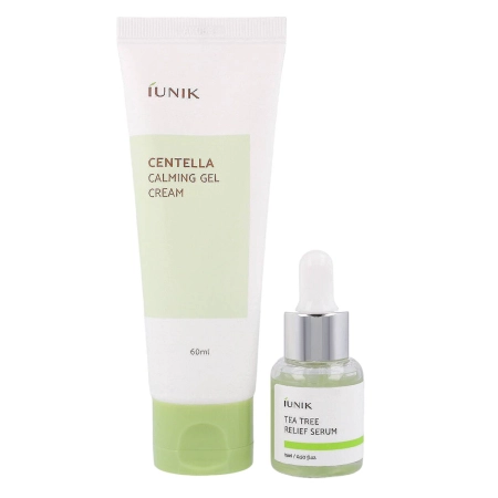 iUNIK - Centella Edition Skincare Set - Kozmetická sada - ošetrujúci gél-krém s pupočníkom ázijským 60ml + sérum pre problematickú pleť s Tea Tree vodou 15ml