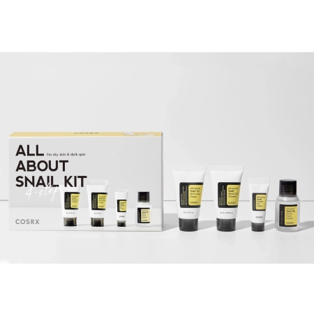 Cosrx - All About Snail Kit 4-Step - Ošetrujúca sada so slimačím slizom - Jemný čistiaci gél - 20ml + Hydratačná esencia - 30ml + Očný krém - 5ml + Multifunkčný krém - 20g