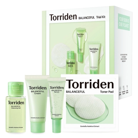 Torriden - Balanceful Trial Kit - Sada produktov pre rovnováhu pleti - Čistiaci gél 30ml + Tonizačné tampóny 6ks  + Sérum 10ml + Krém 20ml