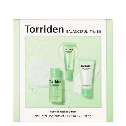 Torriden - Balanceful Trial Kit - Sada produktov pre rovnováhu pleti - Čistiaci gél 30ml + Tonizačné tampóny 6ks  + Sérum 10ml + Krém 20ml
