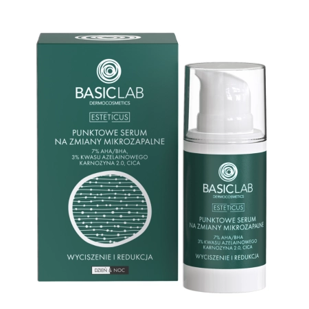 BasicLab - Upokojenie a redukcia - Lokálne sérum proti akné so 7% AHA/BHA, 3% kyselinou azelaovou a laktoferínom - 15 ml