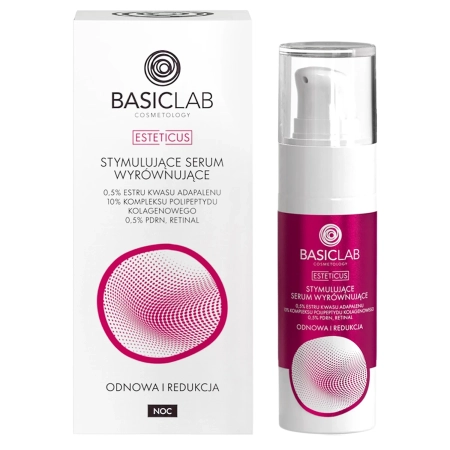 BasicLab - Esteticus - Stimulačné sérum na zjednotenie pleti s 0,5% estru kyseliny adapalénovej, 10% komplexu kolagénového polypeptidu, 0,5% PDRN a retinalom - 30ml