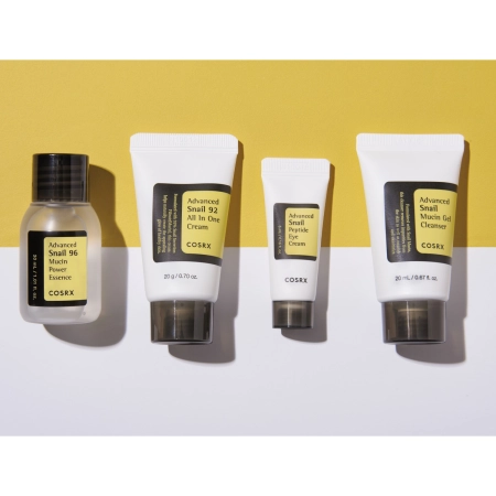 Cosrx - All About Snail Kit 4-Step - Ošetrujúca sada so slimačím slizom - Jemný čistiaci gél - 20ml + Hydratačná esencia - 30ml + Očný krém - 5ml + Multifunkčný krém - 20g