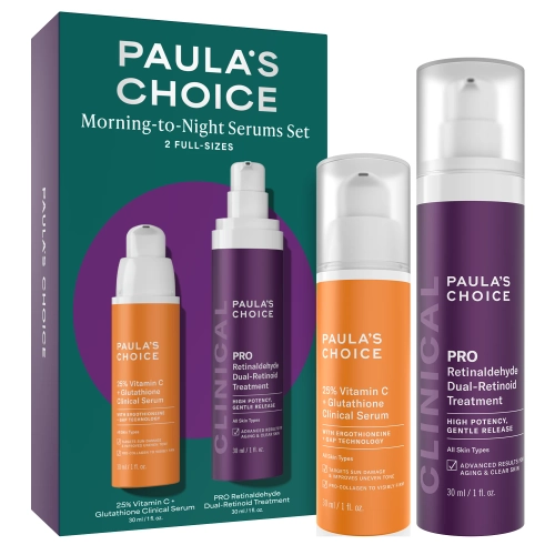 Paula's Choice - Morning to Night Serum Set - Sada pre rannú a večernú starostlivosť o tvár - Ľahké sérum 30ml + Kúra s retinoidmi 30ml + Exfoliačný pleťový tampón 1ks