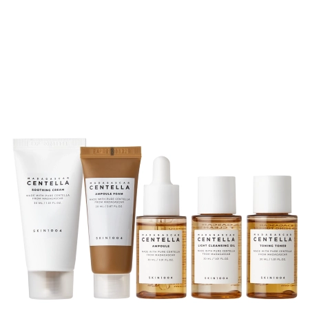 SKIN1004 - Madagascar Centella Travel Kit - Cestovná sada kozmetiky s pupočníkom ázijským - Čistiaca pena - 20ml + Tonikum - 30ml + Sérum - 30ml + Krém - 30ml + Čistiaci olej - 30ml
