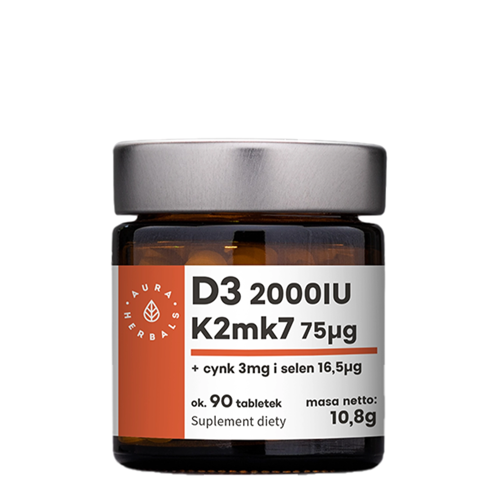 Aura Herbals - Vitamín D3 2000 IU + K2 + Zinok + Selén - Tablety - 90 ks