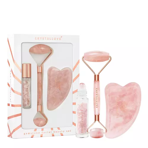 Crystallove - Rose Quartz Beauty Set - Masážna sada na pleť: masážny roller + kameň Gua Sha + fľaštička na olej