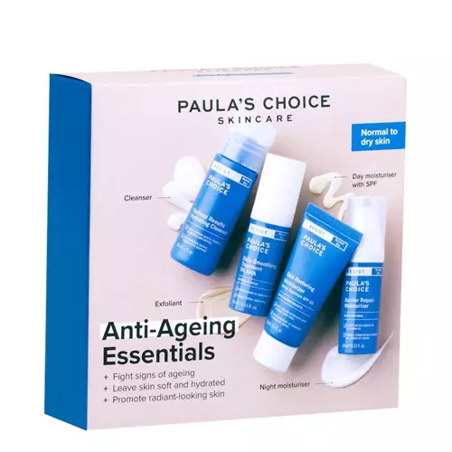 Paula's Choice - Trial Kits Anti-Aging Essentials Normal to Dry Skin - Sada proti vráskam pre normálnu a suchú pleť - Krém proti vráskam - 10 ml + Hydratačný SPF krém - 15 ml + Čistiaci gél - 30 ml + Kyselinový peeling - 10 ml