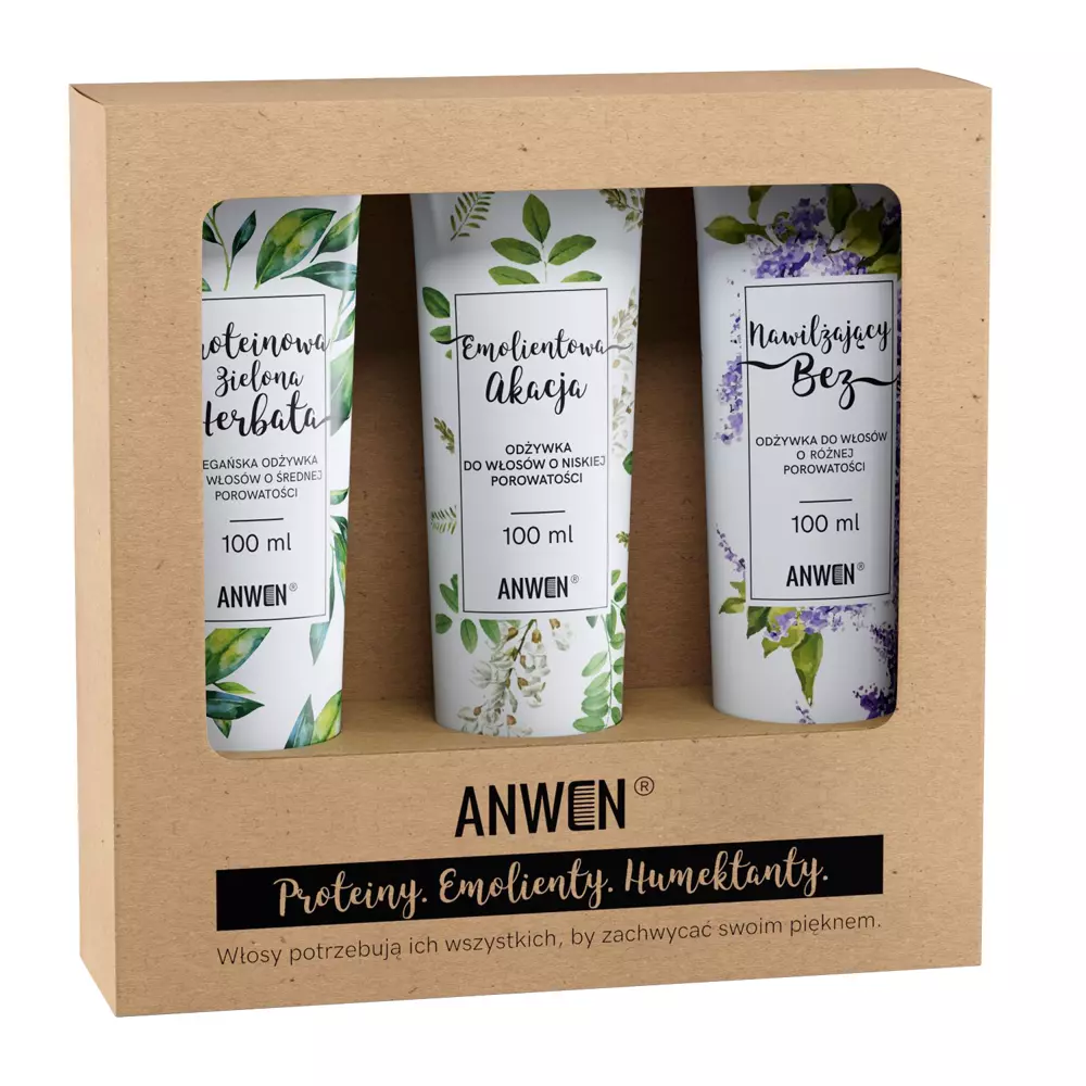 Anwen - Zelený čaj, akácia a orgován - Sada 3 kondicionérov pre vlasy s nízkou pórovitosťou
