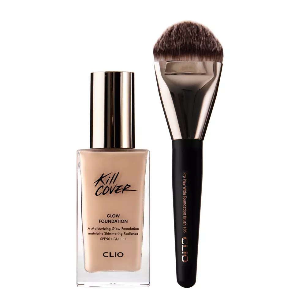 CLIO - Kill Cover Glow Foundation Special Set - Ivory - Rozjasňujúci make-up s SPF 50+ & štetec - 38 g