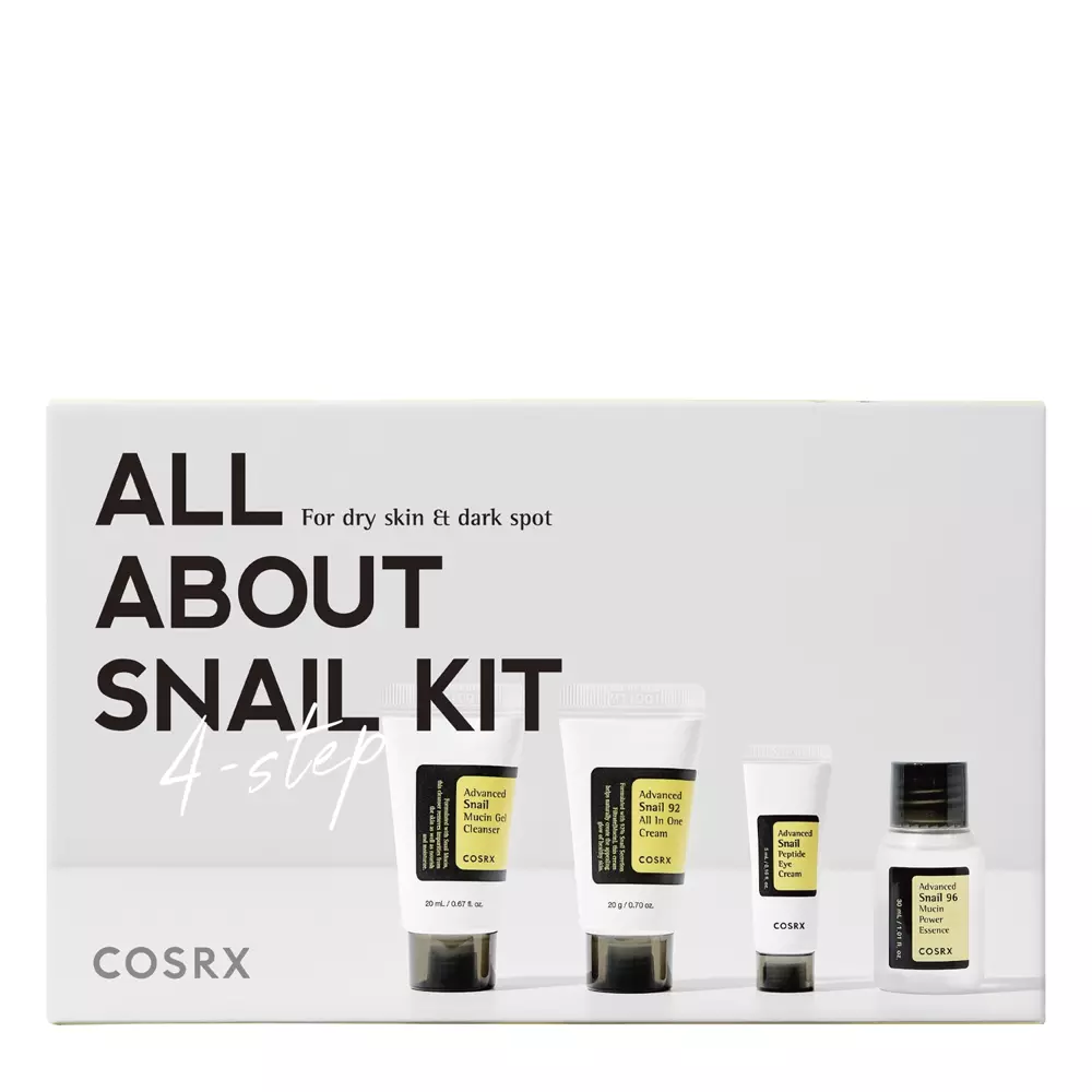 Cosrx - All About Snail Kit 4-Step - Ošetrujúca sada so slimačím slizom - Jemný čistiaci gél - 20ml + Hydratačná esencia - 30ml + Očný krém - 5ml + Multifunkčný krém - 20g