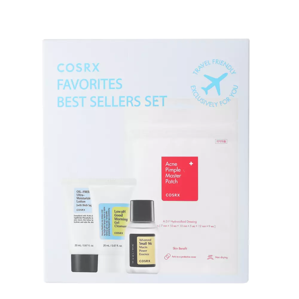 Cosrx - Favorites Best Sellers Set - Sada bestsellerov v cestovnom balení - Čistiaci gél - 20ml + Esencia so slimačím slizom - 20ml + Pleťový balzam bez obsahu olejov - 20ml + Náplasti na nedokonalosti - 24ks