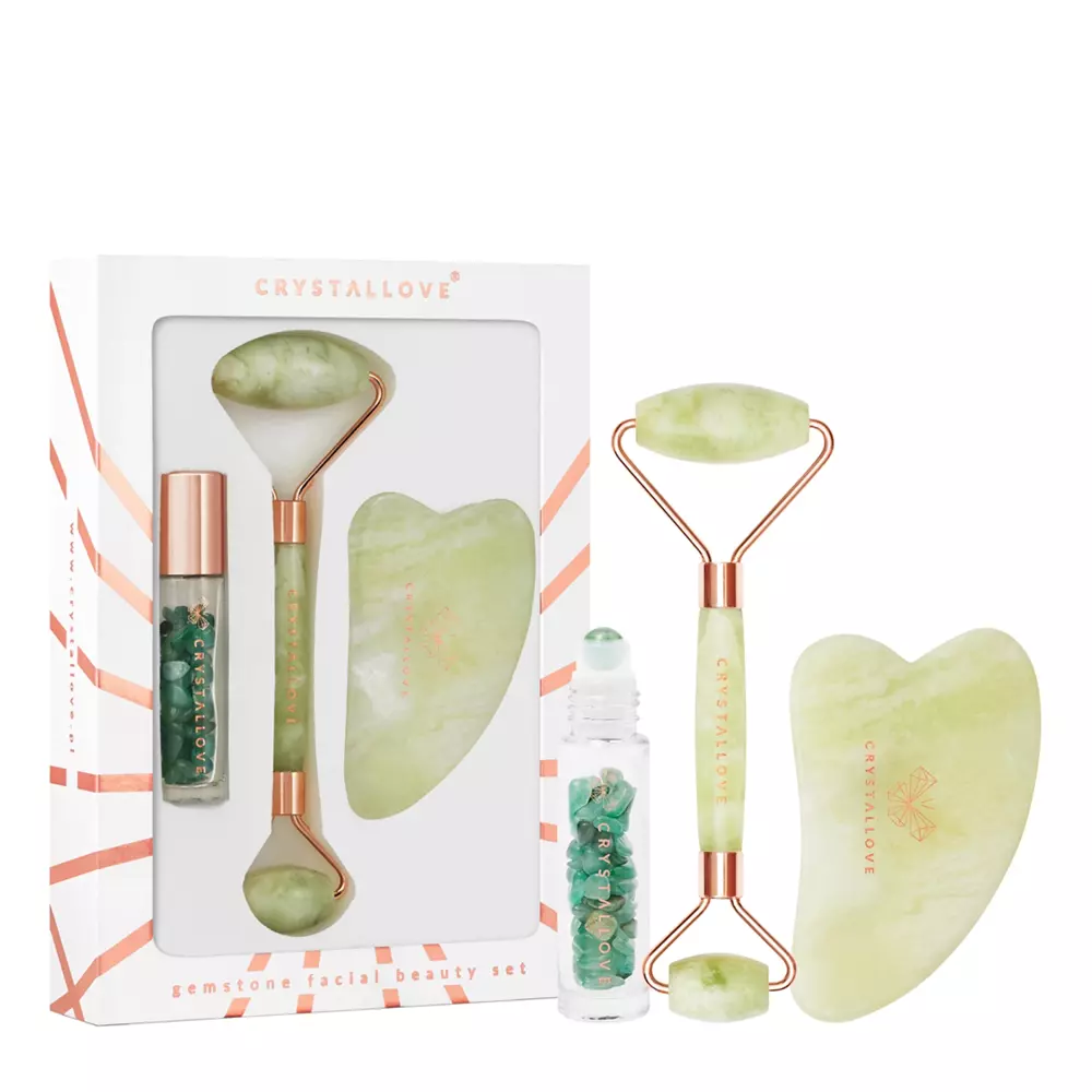 Crystallove - Jade Beauty Set - Masážna sada na pleť: masážny roller + kameň Gua Sha + fľaštička na olej