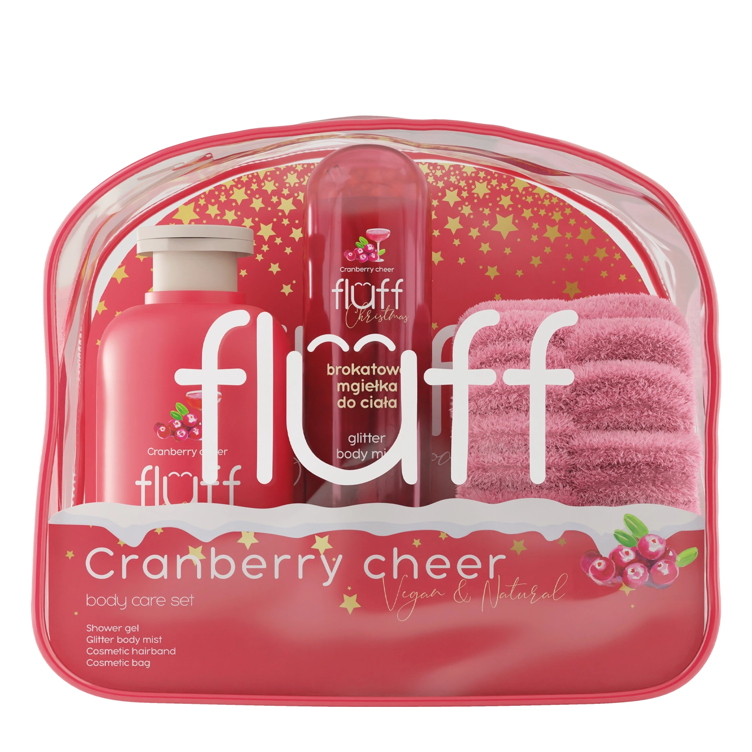 Fluff - Cranberry Cheer - Vianočná sada - Sprchový gél 200ml + Trblietavý sprej 80ml + Gumička do vlasov