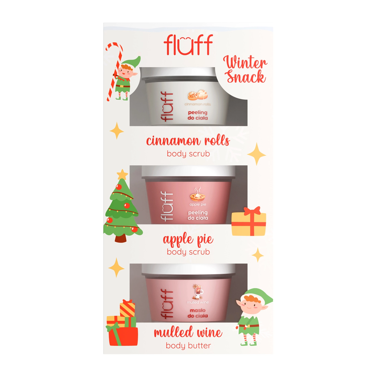 Fluff - Winter Snack - Vianočná sada - Škoricový telový peeling 100ml + Telový peeling - jablkový koláč 100ml + Telové maslo - varené víno 100ml