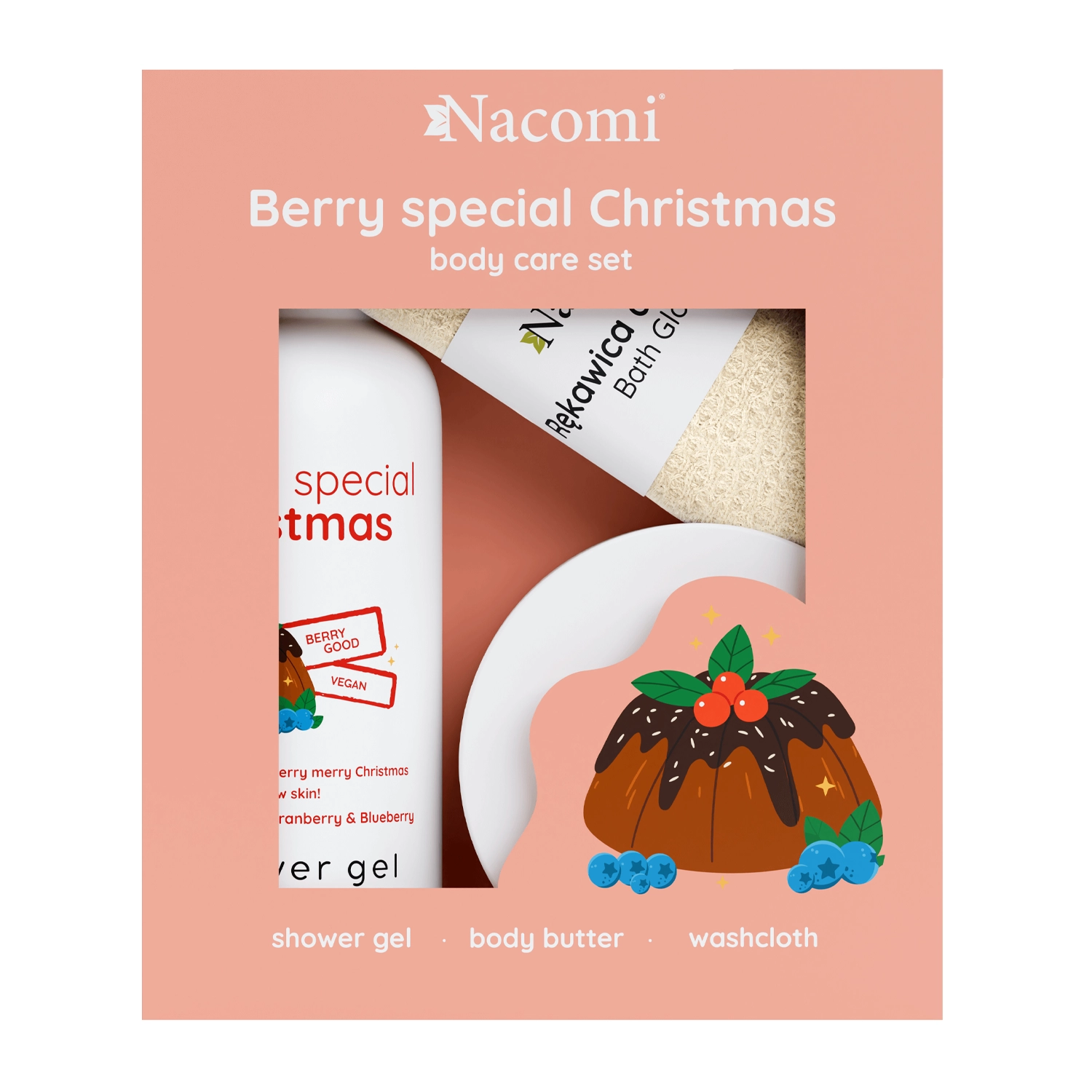 Nacomi - Berry Special Christmas - Vianočná sada - Sprchový gél 300ml + Telové maslo 100ml + Rukavica do kúpeľa