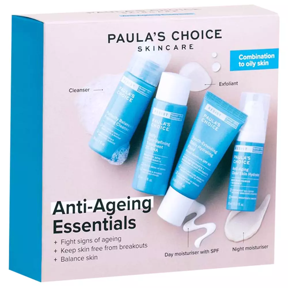 Paula's Choice - Trial Kits Anti-Aging Essentials Combination to Oily Skin - Sada proti vráskam pre problematickú pleť - Umývací gél - 30 ml + SPF emulzia - 15 ml + Kyselinová kúra - 30 ml + Hydratačný nočný krém - 10 ml