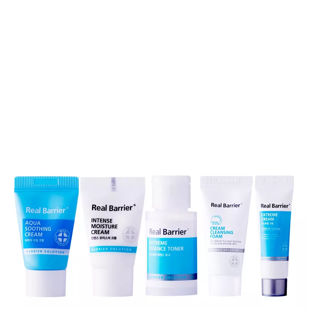 Real Barrier - Trial Kit - Sada miniatúr - Cleansing Foam - 15 ml + Extreme Essence Toner - 30 ml + Extreme Cream - 10 ml + Intense Moisture Cream - 10 ml + Aqua Soothing Cream - 10 ml + Intense Moisture Toner Pad - 6 ml