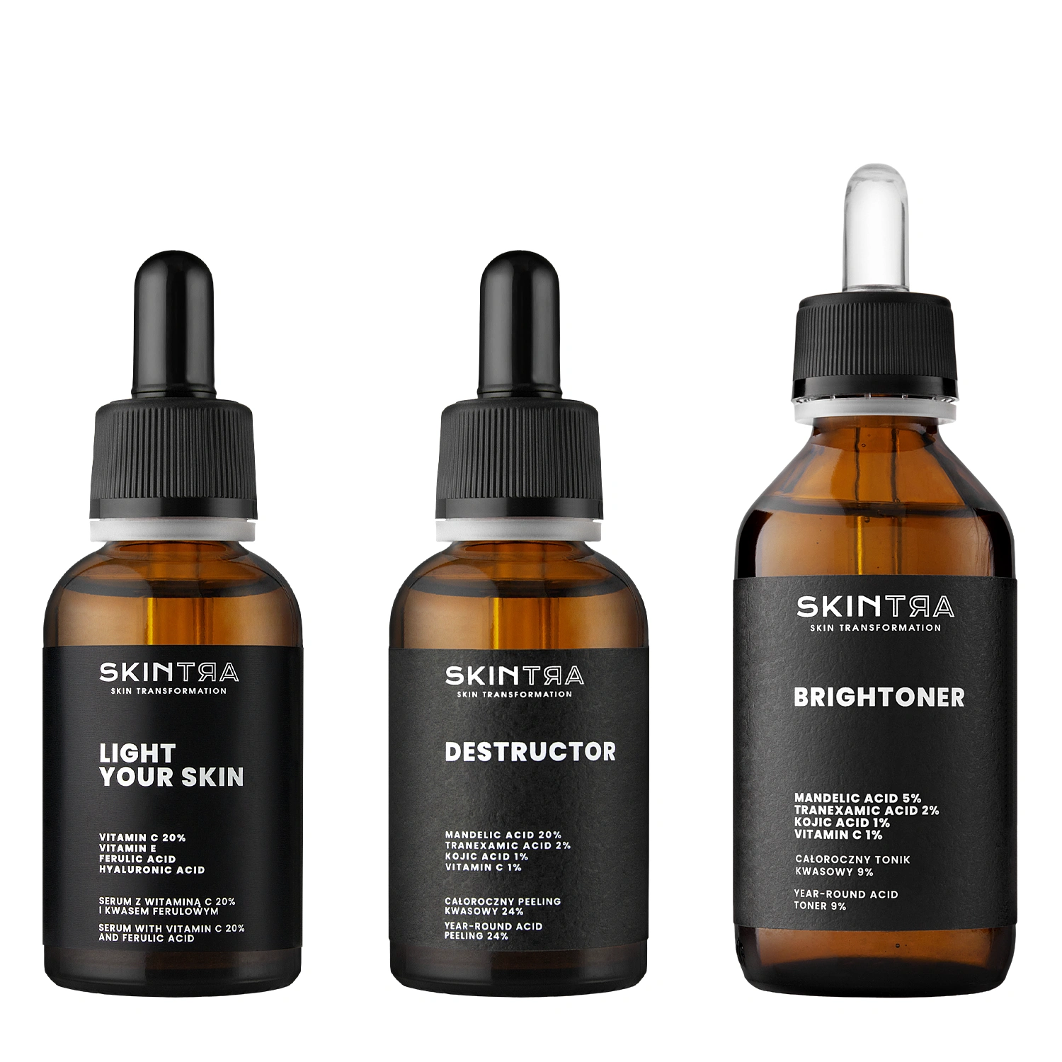 SkinTra - Sada „Očistenie a rozjasnenie“ - Brightoner - Kyselinové tonikum - 100ml + Destructor - Kyselinový peeling - 30ml + Light Your Skin - Sérum s vitamínom C - 30ml