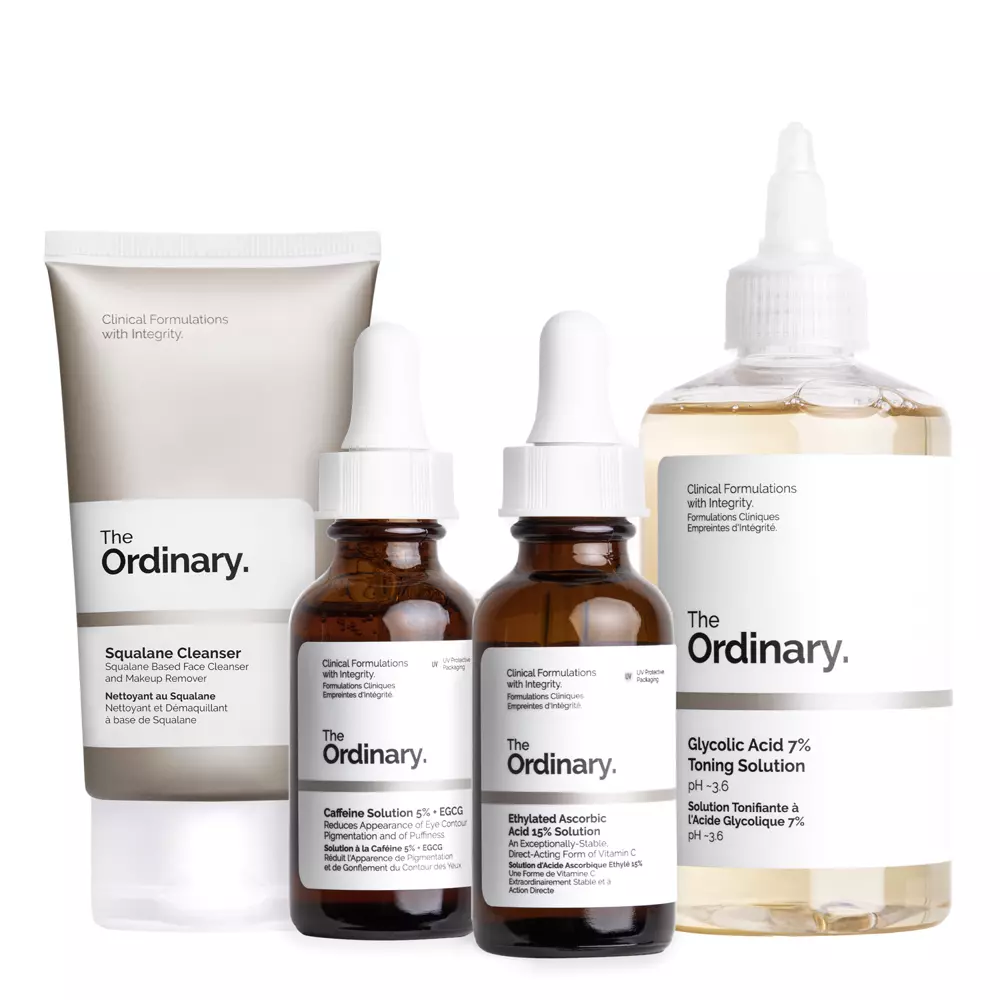 The Ordinary - The Bright Set - Rozjasňujúca sada proti pigmentovým škvrnám - Čistiaca emulzia - 50ml + Očné sérum - 30ml + Sérum s vitamínom C - 30ml + Tonikum s kyselinou glykolovou - 240ml