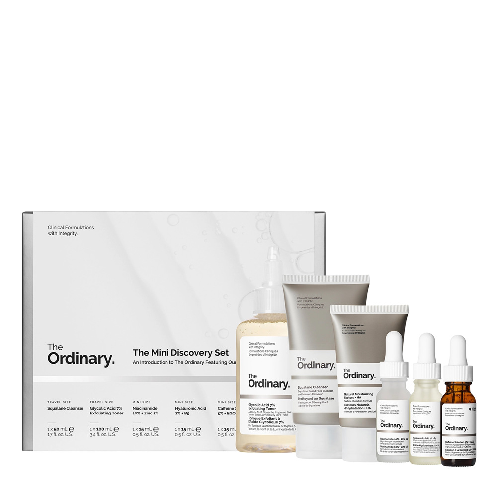 The Ordinary - The Mini Discovery Set - Sada - Čistiaca emulzia 50ml + Exfoliačné tonikum 100ml + Sérum s niacínamidom 15ml + Kyselinové sérum 15ml + Sérum s kofeínom 15ml + Hydratačný krém 30ml