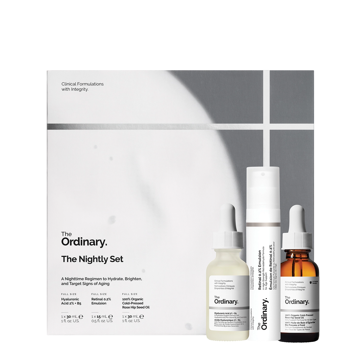 The Ordinary - The Nightly Set - Sérum s kyselinou hyalurónovou 30ml + Retinolové sérum 15ml + Šípkový olej 30ml