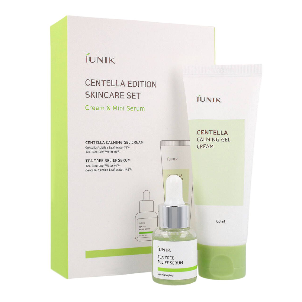 iUNIK - Centella Edition Skincare Set - Kozmetická sada - ošetrujúci gél-krém s pupočníkom ázijským 60ml + sérum pre problematickú pleť s Tea Tree vodou 15ml