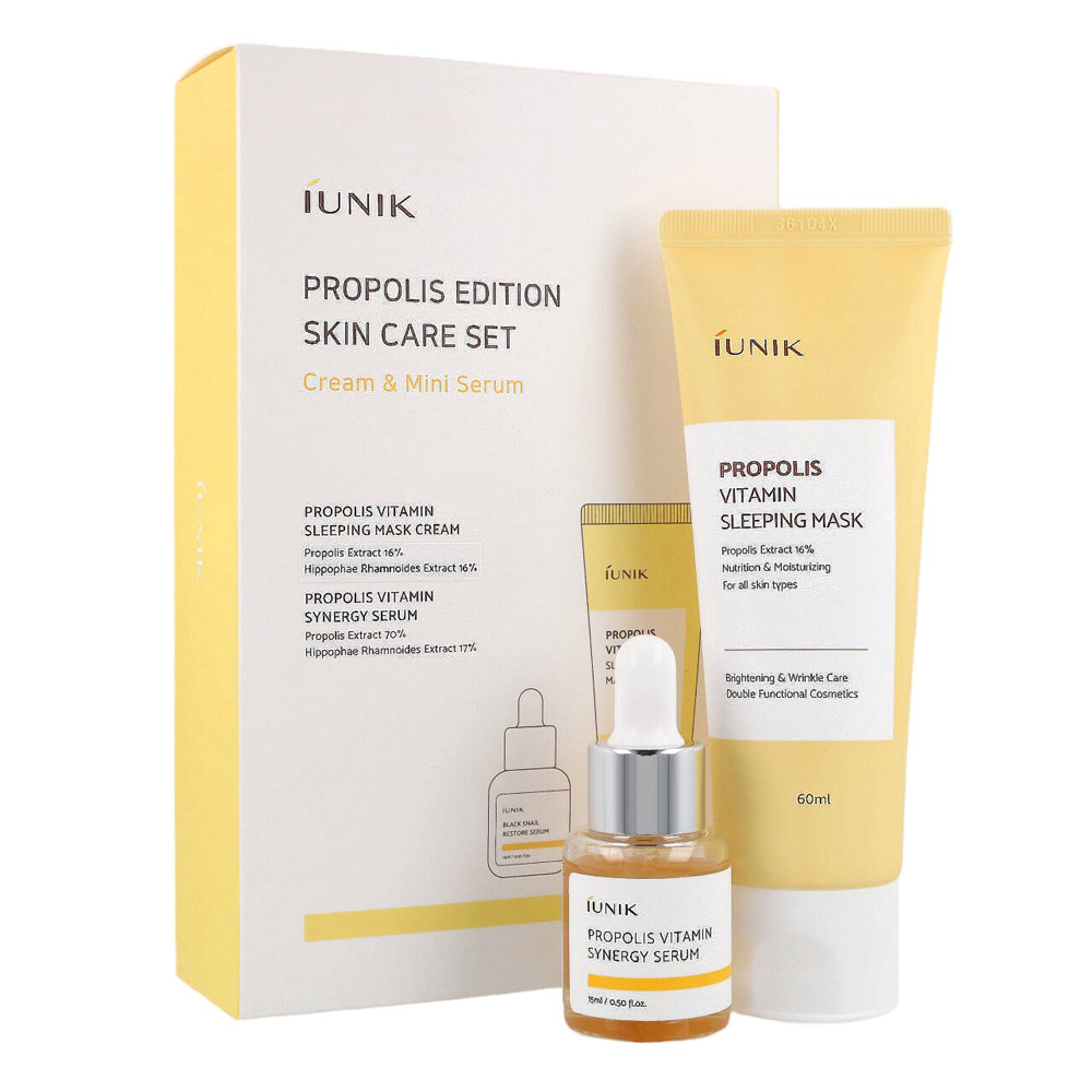 iUNIK - Propolis Edition Skincare Set - Kozmetická sada - nočná hydratačná maska ​​s propolisom 60ml a vitamínové sérum s propolisom 15ml